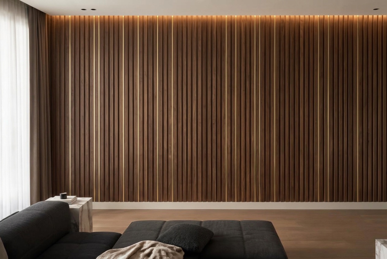 Uygulama sonrası ceviz çıtalı ve LED aydınlatmalı salon duvarı