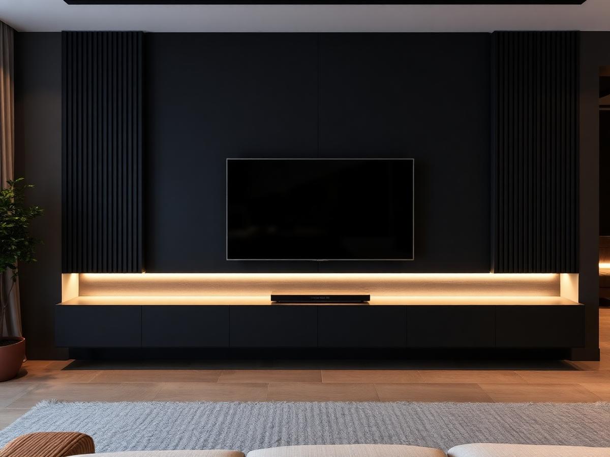 Koyu renk TV duvarında çıta paneli ve LED bant