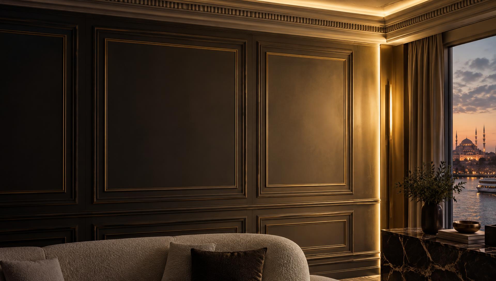 İstanbul Boğazı ve yalı manzaralı, dekoratif duvar çıtalı lüks salon