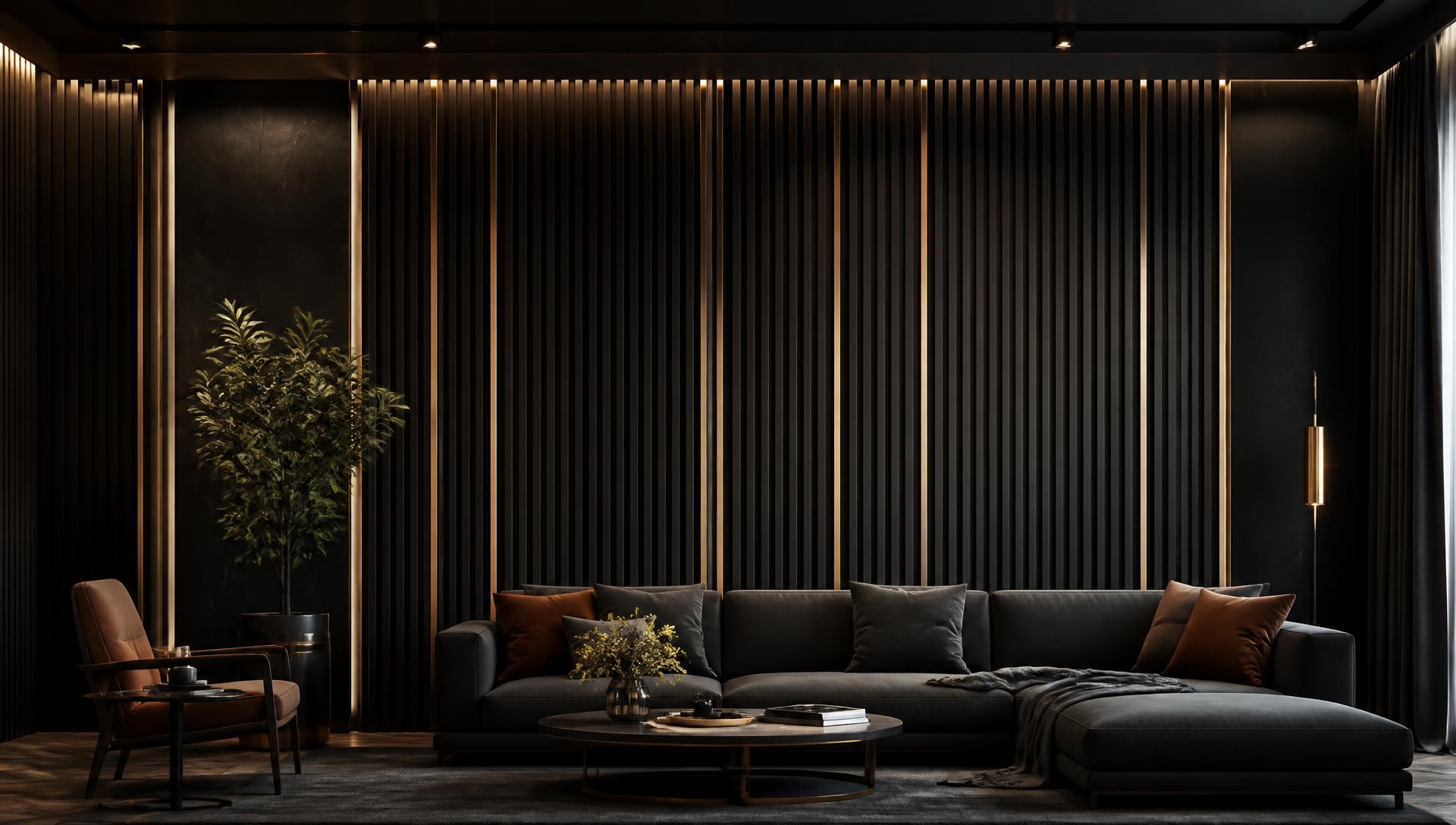 Ceviz duvar çıtası uygulanmış modern salon duvarı