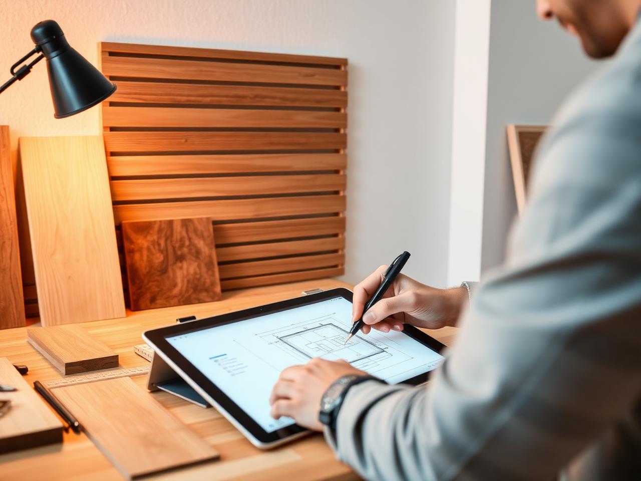 Tablet üzerinde duvar paneli tasarımı çizen tasarımcı