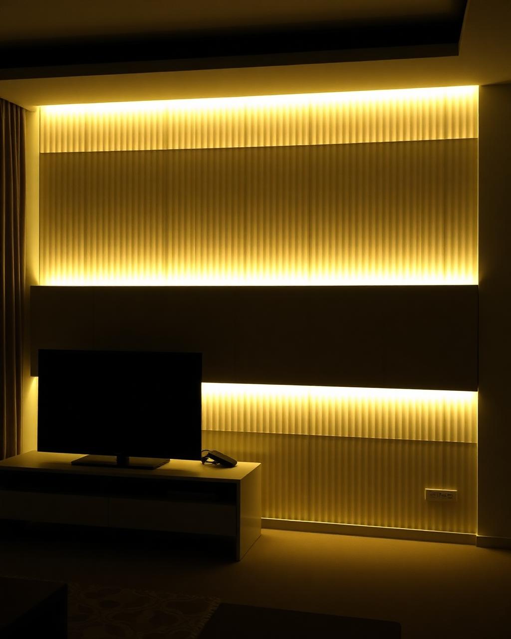 Arkadan LED aydınlatmalı ışıklı duvar paneli ve TV ünitesi